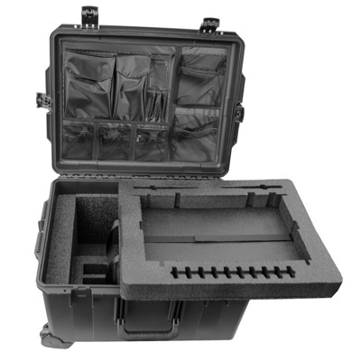 Travel case with custom foam and lid organizer to hold a complete six-up CrewCom system