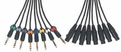 Maximum 8 way, XLR-F to 6.3mm (3 conductor) TRS jack cable loom, 6 metre